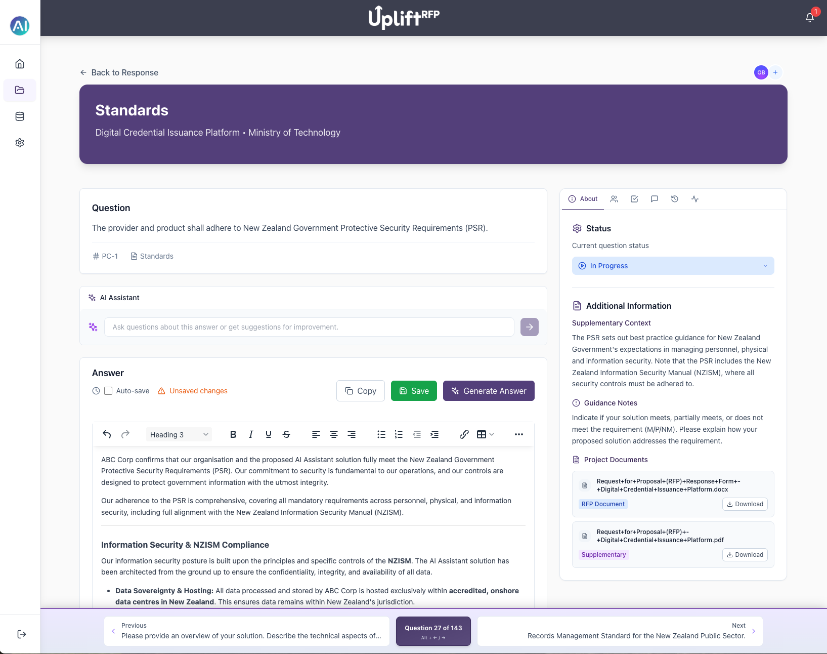 UpliftRFP Question View - AI-powered question extraction and management